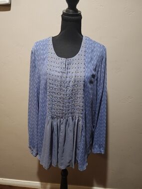 Coldwater Creek Light Blue Long-Sleeve Smocked Peplum Tunic